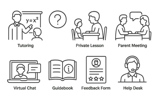 Educational services icons: tutoring, private lessons, parent meetings, virtual chat, guidebook, feedback, help desk