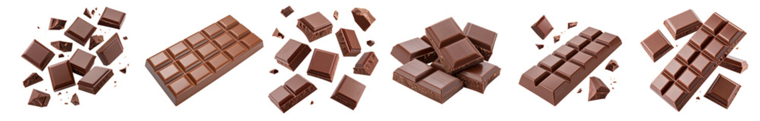 Delicious milk chocolate bars and chunks arranged on a clean white backdrop, perfect for food packaging, sweet dessert promotions, and confectionery-themed designs.