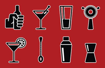 Black and white cocktail bar tools and drinks on red background vector silhouette