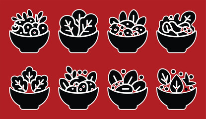 Black and white food bowls with vegetables and berries on red background salad leaves