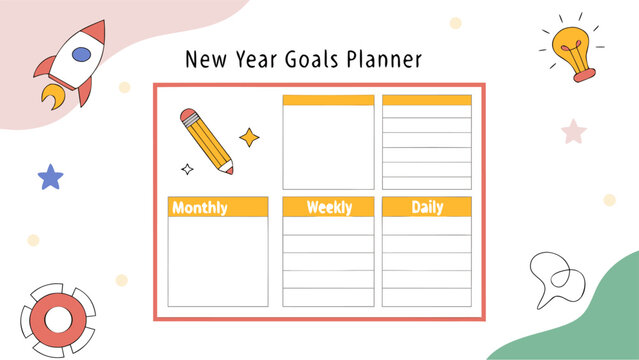 New year goals planner with monthly weekly and daily sections featuring a rocket pencil lightbulb and stars for motivation and organization