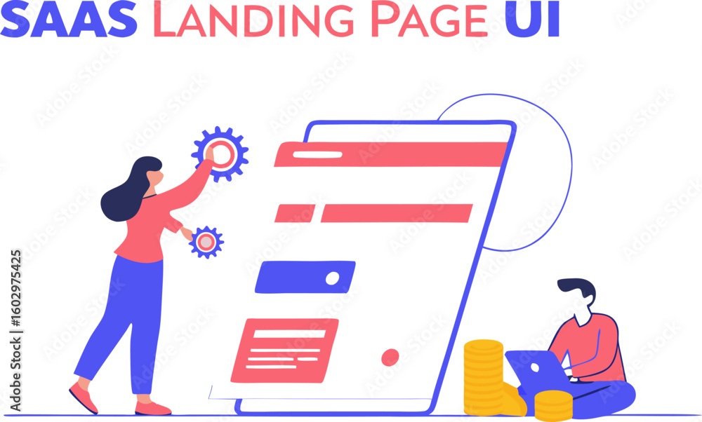 Poster saas landing page ui design with people interacting with interface elements and financial growth sym