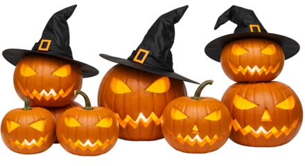 A group of carved pumpkins with glowing faces wearing witch hats isolated on transparent background