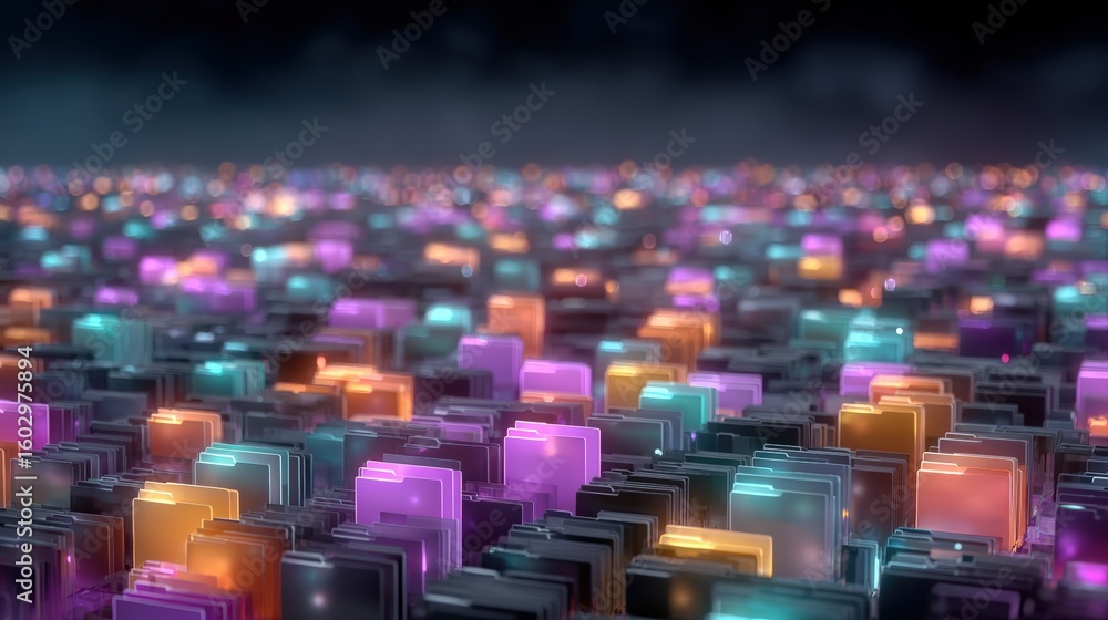 Poster abstract network grid with files and folders, futuristic software interface, digital document manage