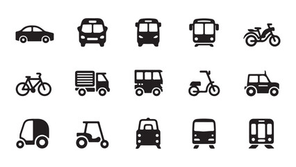 Modern transport icons collection featuring vehicles and public transit, set of vector silhouettes of different road transport icons