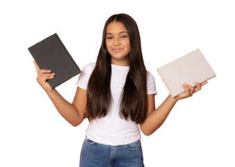 Beautiful student girl in casual white t-shirt holding books standing isolated over transparent background. PNG.