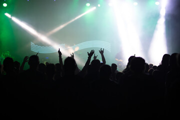 Crowd at concert and blurred stage lights.