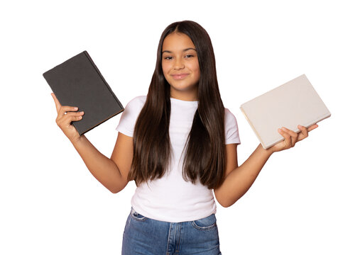 Beautiful student girl in casual white t-shirt holding books standing isolated over transparent background. PNG. - Powered by Adobe