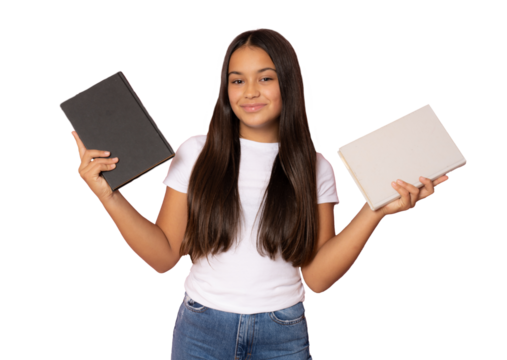 Beautiful student girl in casual white t-shirt holding books standing isolated over transparent background. PNG.