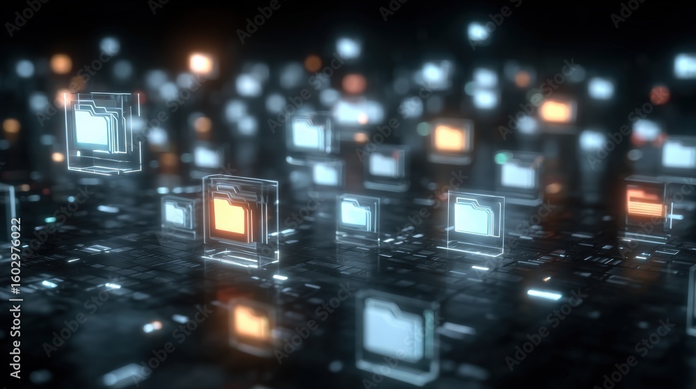 Poster abstract network grid with files and folders, futuristic software interface, digital document manage