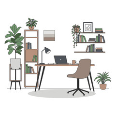Stylish desk and chair setup with wall shelves and plants