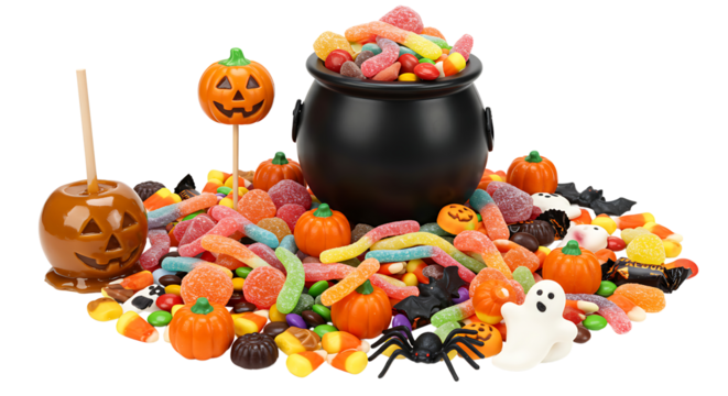 A bountiful halloween candy assortment with a cauldron caramel apples and spooky treats isolated on transparent background