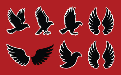 Black bird silhouettes with spread wings against red background white