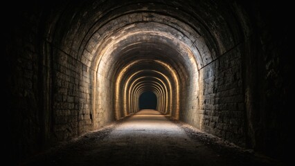 A dimly lit, arched stone tunnel with illuminated walls leading to a dark opening in the distance.