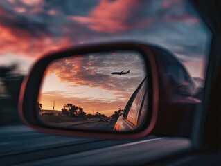 Fototapeta premium Scenic sunset view reflected in car mirror