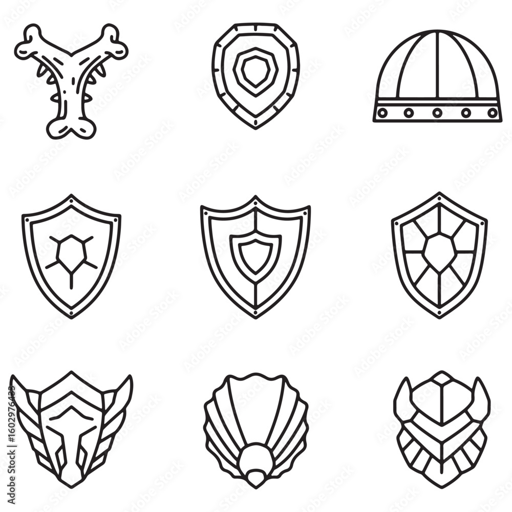 Aufkleber set of vectorized icon designs featuring shields armor helmets and abstract elements