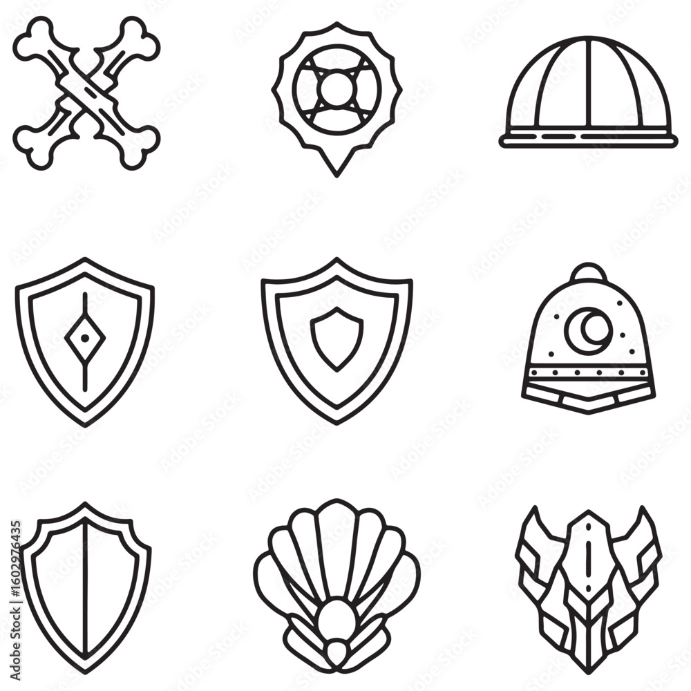 Poster set of vector icons depicting fantasy elements including shields and helmets on white background