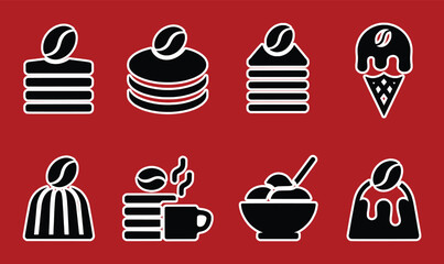 Black coffee bean desserts and drinks icons on red background vector