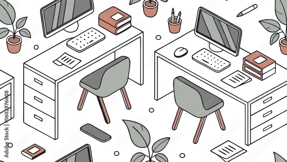 Aufkleber modern isometric office setup with desks computers chairs plants and books for a productive workspac