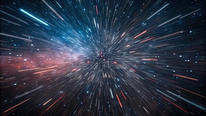 A dynamic starfield in space, showing streaks of light radiating outward, simulating rapid movement through the cosmos.