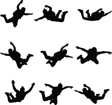 Collection of nine black silhouette skydivers in freefall positions against white background