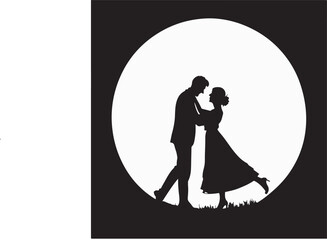Romantic Couple Dance Silhouette Under Moonlight – Elegant Black and White Vector Illustration