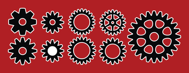 Black gear collection with white outlines on red background mechanical industry