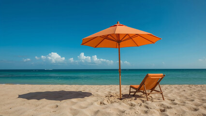 Peaceful Beach Scene with Orange Umbrella and Lounge Chair Under a Clear Sky