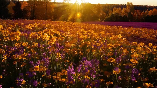 an autumn field with goldenrod and asters, warm sunset glow, golden leaves in background, cinematic shadows
