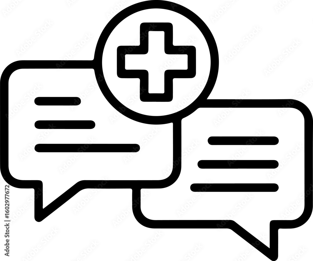 Aufkleber two speech bubbles with a plus sign in a circle above indicating new message or communication