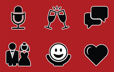 Black icons for wedding celebration communication and emotion on red background vector