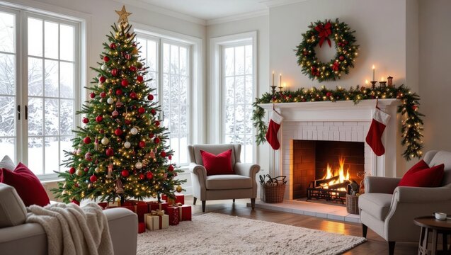 Cozy Christmas living room with glowing fireplace, decorated tree, and festive stockings, perfect for holiday cheer. - Powered by Adobe