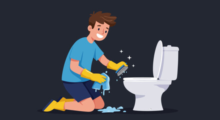 A cheerful young man wearing gloves kneels to scrub and clean a toilet, representing hygiene and household chores.
