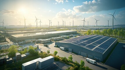 Photorealistic visualization of a large industrial complex with solar panels, electric delivery vans, and workers assembling green building materials in the context ofcondition, morning light
