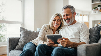 Mature couple sitting on couch at home browsing internet on tablet, joyful and connected
