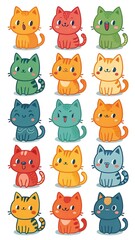 Naklejka premium Cute cartoon cats in warm colors, orange red green blue, sitting poses, kawaii style expressions, isolated 