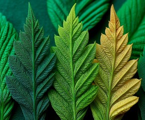 the image features a close up view of multiple plant leaves, with a dark green backdrop enhancing the vibrant colors of the foliage