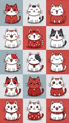 Red white cartoon cats in grid pattern, various expressions, sitting poses, kawaii anime style art, isolated 