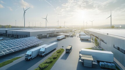 Photorealistic visualization of a large industrial complex with solar panels, electric delivery vans, and workers assembling green building materials in the context ofcondition, morning light