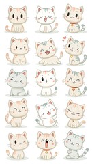 Adorable kawaii cats with various expressions sitting poses featuring orange gray white striped patterns cheerful faces, isolated 