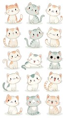 Soft watercolor-style cartoon kittens in orange and green colors showing gentle expressions, sitting poses, and adorable kawaii characteristics, isolated 