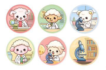 Obraz premium Cute Cartoon Sheep Characters Engaged in Scientific Research Activities