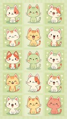 Kawaii cat collection in green themed squares showing different moods expressions orange white gray fur striped tails adorable faces, isolated 