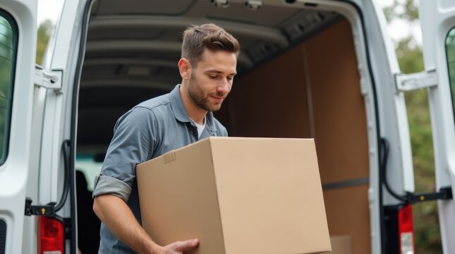 Professional delivery man carefully stacking cardboard boxes inside white cargo van during daytime loading process

