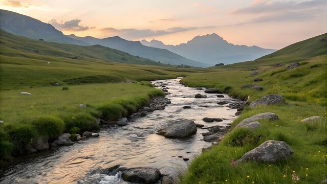 Clear mountain water flows over rocks in a vibrant green valley, surrounded by majestic peaks at dawn.