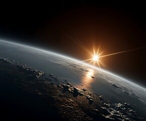 the image displays a celestial body as seen from space, partially illuminated by a bright, distant star