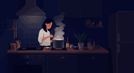 A young woman finds tranquility while whisking a simmering pot in her cozy, dark kitchen at night.