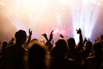 Crowd at concert and blurred stage lights.