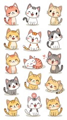 Natural colored kawaii kittens in orange, gray, and cream tones with sweet expressions, isolated 