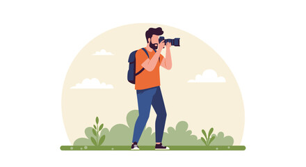 Man with Camera in Nature Capturing Scenic Views, Photography Hobbyist Exploring Outdoors